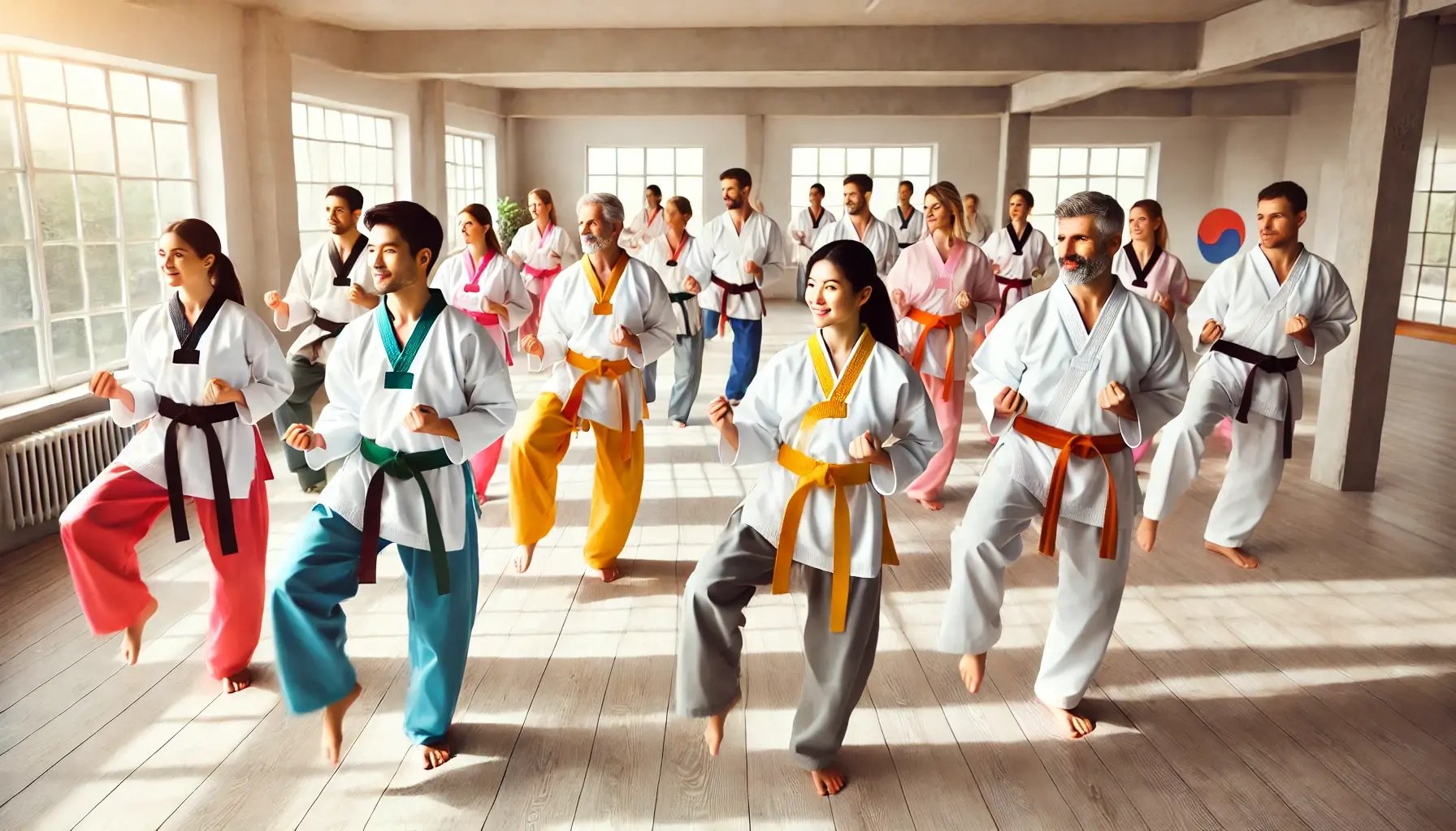 DALL·E 2025-01-23 21.45.56 - A group of adults practicing Han Guk Mu Sool, a traditional Korean martial art, in a bright and welcoming dojo. The class consists of no more than 10